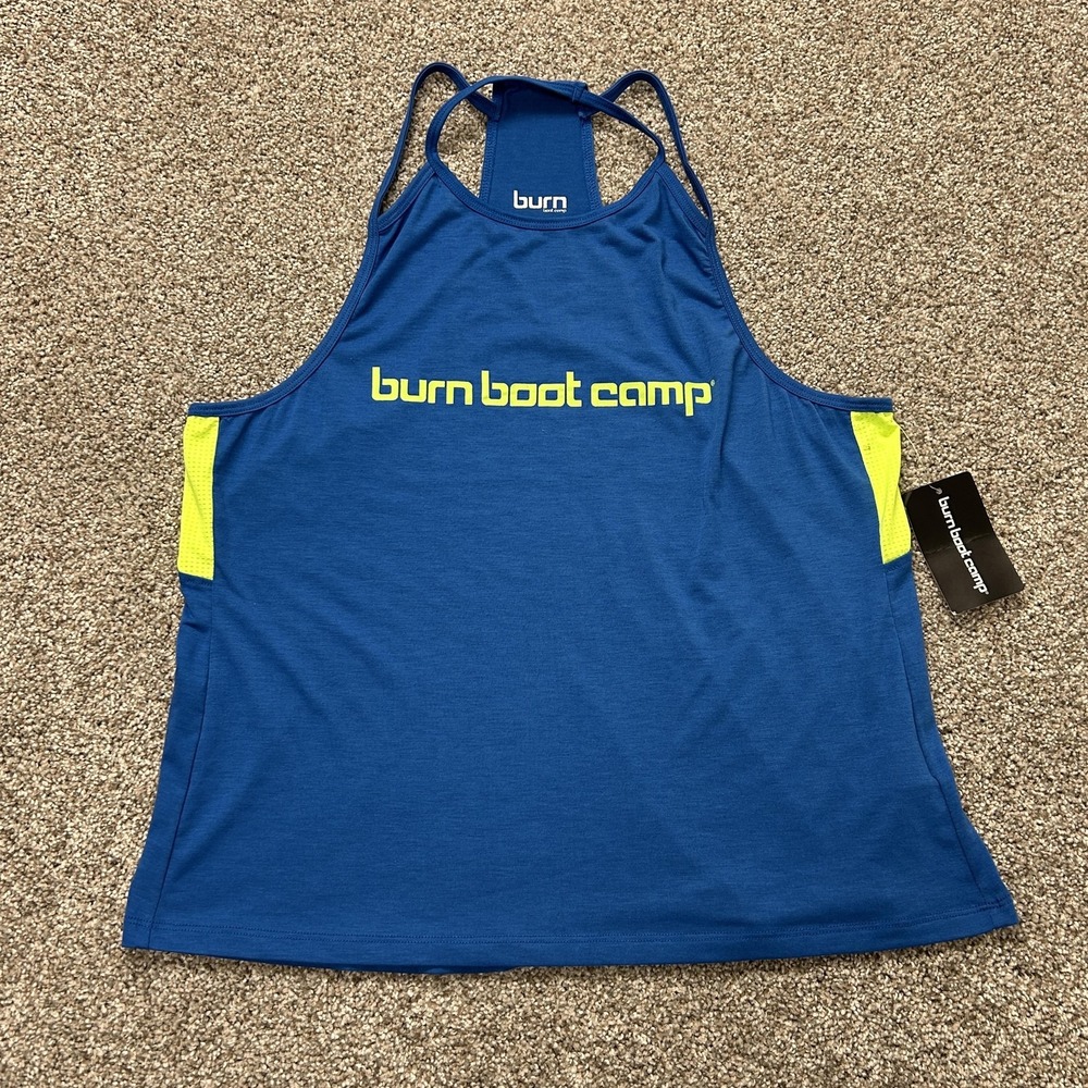 Burn Boot Camp Tank Top Womens XL Blue Yellow Racerback Mesh Workout Gym Running